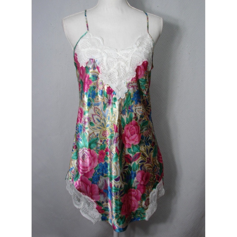 Vtg Victorias Secret Gold Label Satin Chemise Floral Lace Nightie Slip Dress M